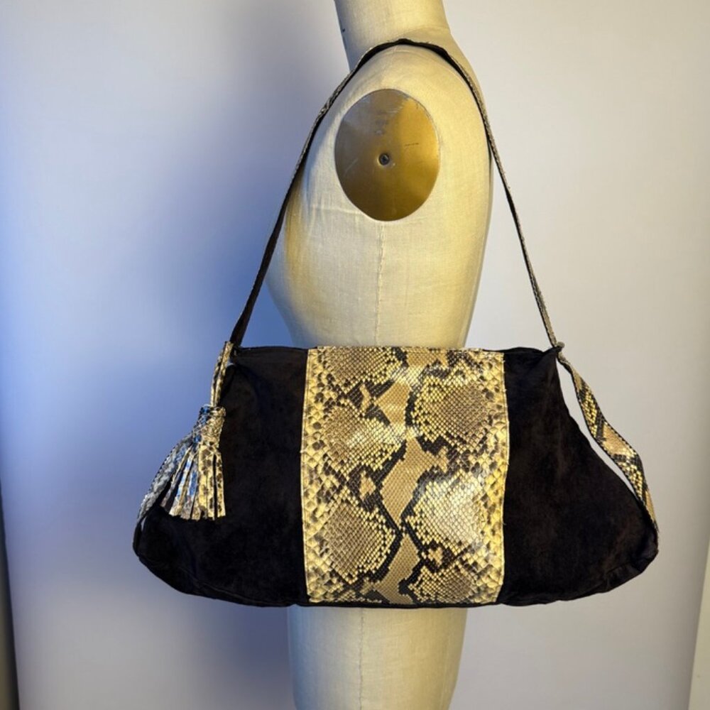 Vintage 70's Black Suede And Python East West Sho… - image 1